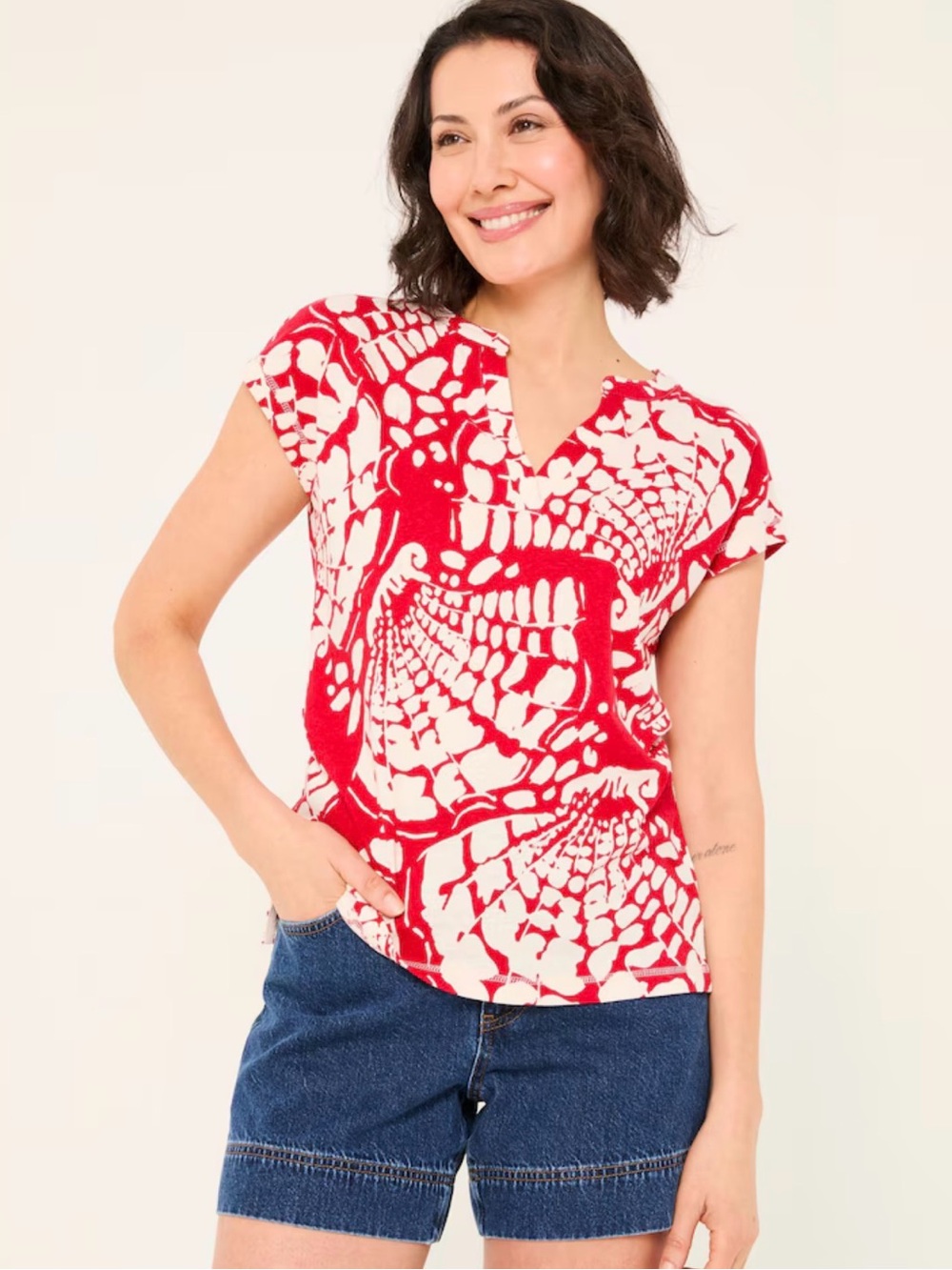 FatFace Red White Cream Linen Cotton Blend Beach Print Notch Neck Top Size 6